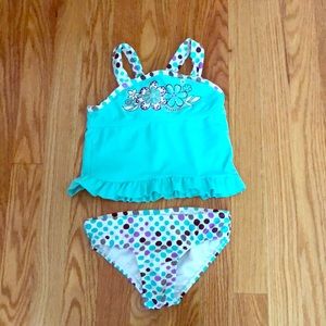 Tankini with blue,purple and gray polka dots